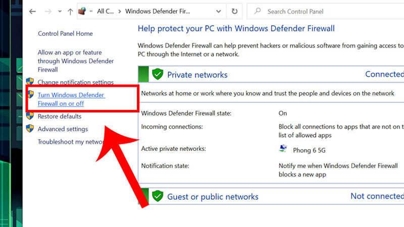 Nhấn vào mục Turn Windows firewall on or off