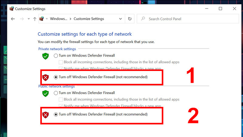 Chọn Turn off Windows Firewall và nhấn OK