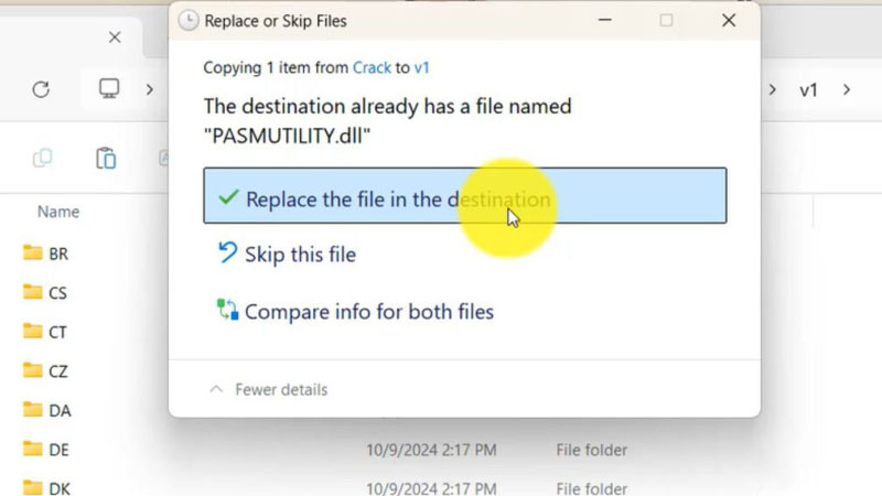 Chọn “Replace the file in the destination”