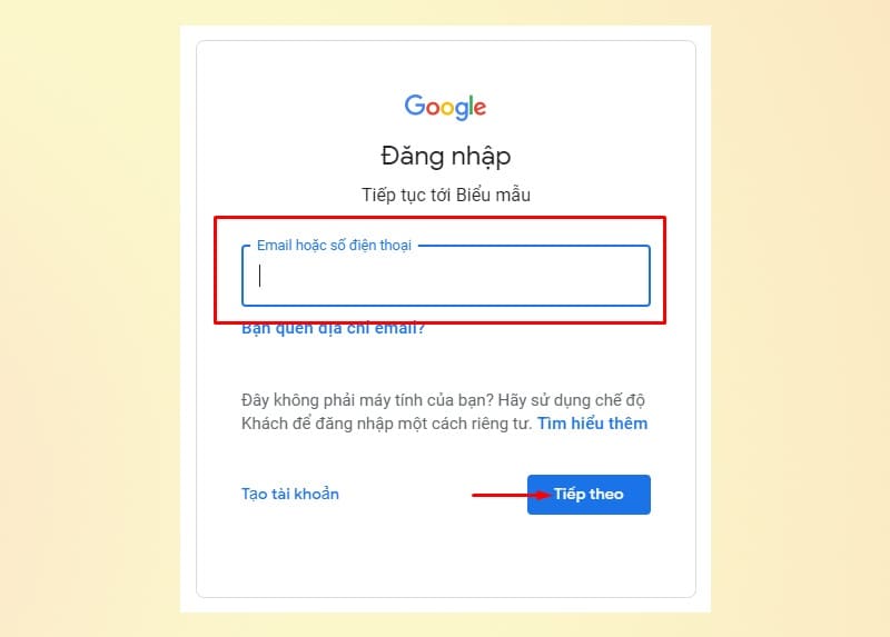 Vào trực tiếp trang web Google Forms để tiến hành đăng nhập Vào trực tiếp trang web Google Forms để đăng nhập
