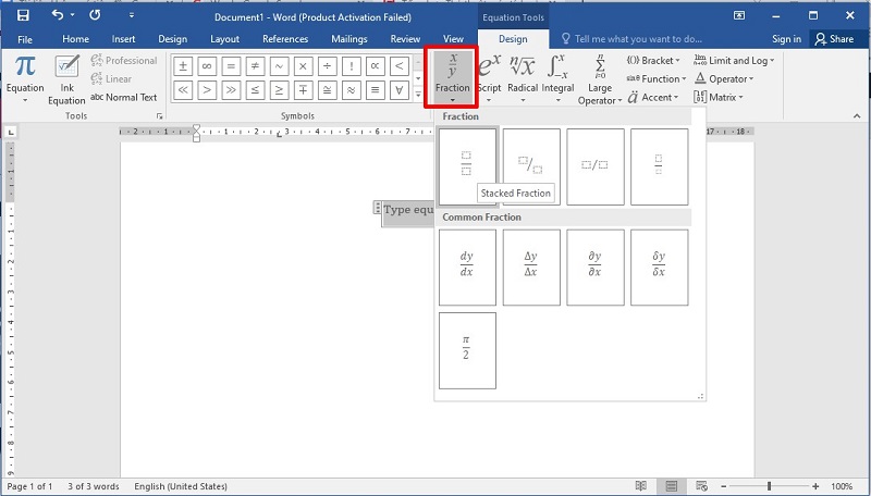 Chọn Fraction và tìm kiểu trình bày phân số