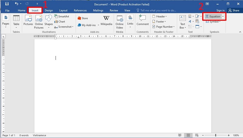 Bấm chọn Insert rồi chọn mục Equation