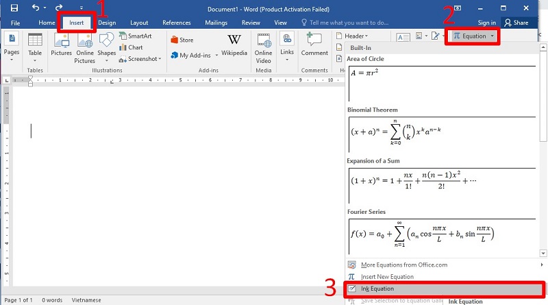 Chọn Insert, chọn Equation rồi nhấn vào Ink Equation
