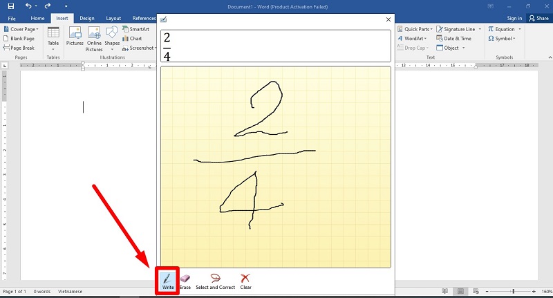 Chọn Write rồi dùng chuột để vẽ phân số