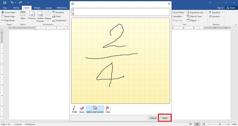 Nhấn Insert để chèn phân số