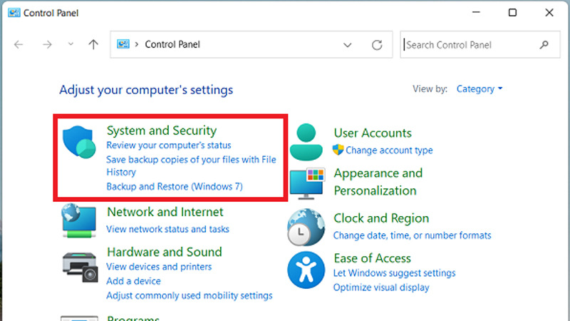 Nhấp chuột chọn mục System and Security Chọn mục System and Security