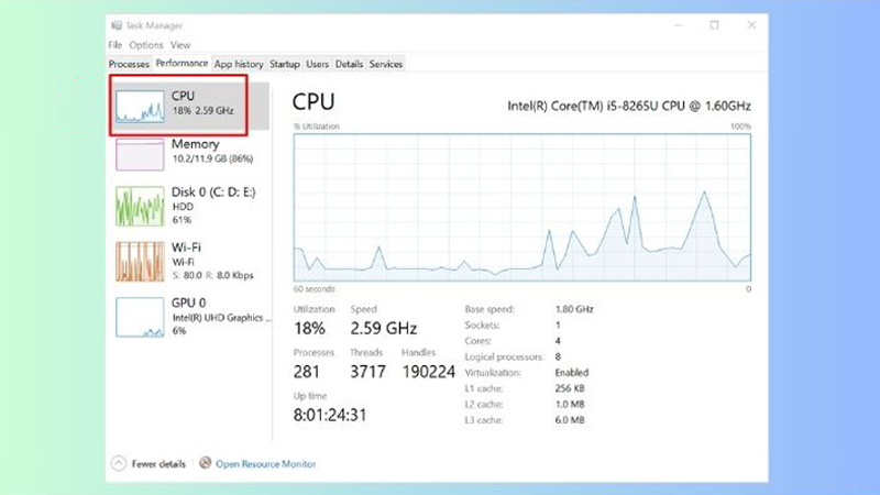 Bấm vào mục CPU để kiểm tra tên CPU Bấm vào mục CPU