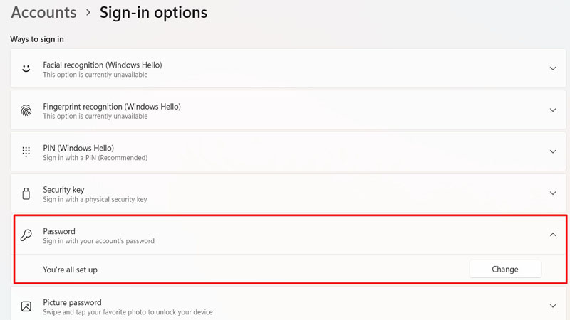 Tìm đến mục Password 