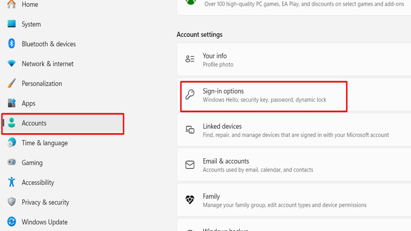 Chọn mục Accounts rồi nhấp chọn mục Sign-in options Chọn mục Accounts, sau đó chọn Sign-in options