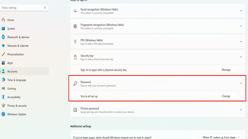 Chọn vào mục Change để đổi mật khẩu cho laptop Lenovo Chọn vào mục Change để đổi mật khẩu