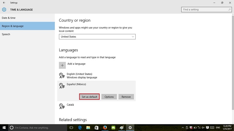 Chọn cài đặt ngôn ngữ cho win 10