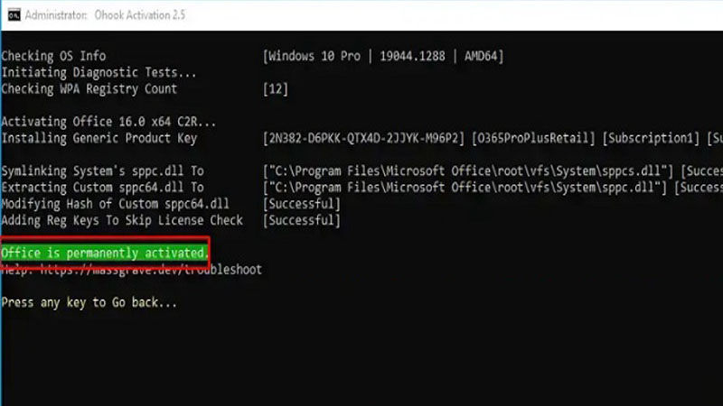 Khi xuất hiện thông báo “Office is permanently activated” là đã kích hoạt bản quyền Xuất hiện thông báo “Office is permanently activated”