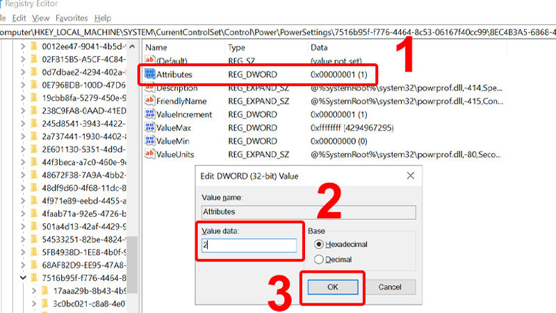 Nhấp chuột chọn dòng chữ có tên Attributes DWORD Chọn dòng chữ có tên Attributes DWORD