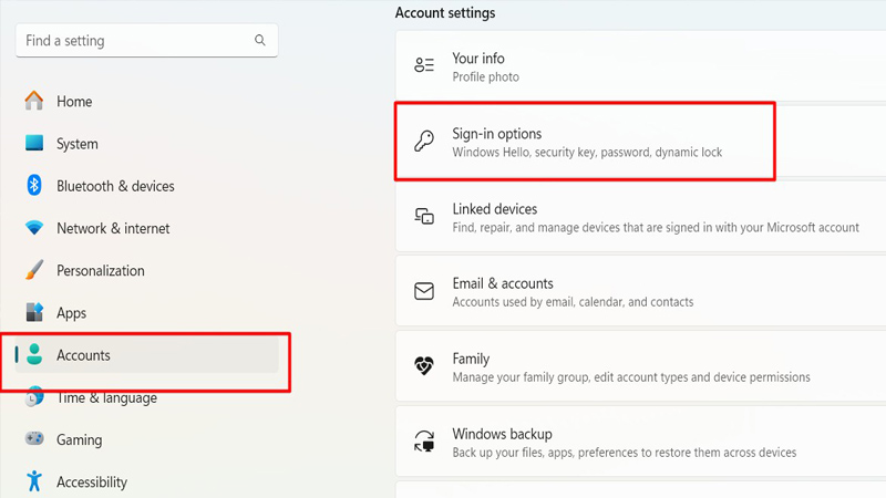 Bấm vào mục Accounts và nhấp chuột chọn Sign-in options Bấm vào mục Accounts và chọn Sign-in options