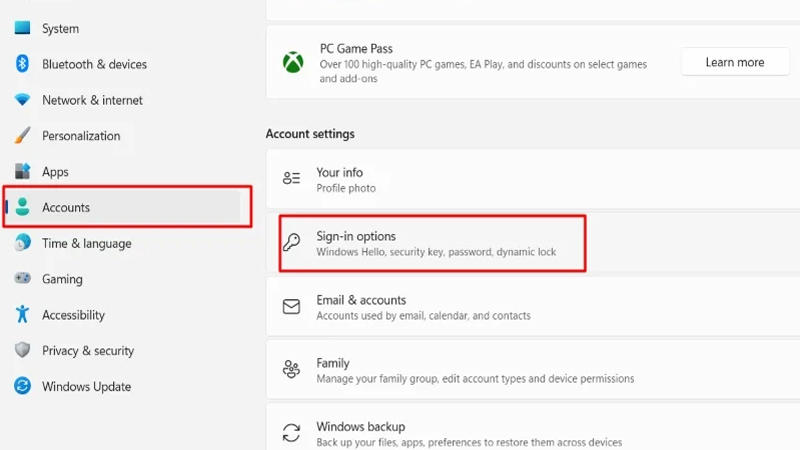 Chọn mục Accounts rồi nhấp tiếp vào mục Sign-in options Chọn mục Accounts, nhấp tiếp vào Sign-in options