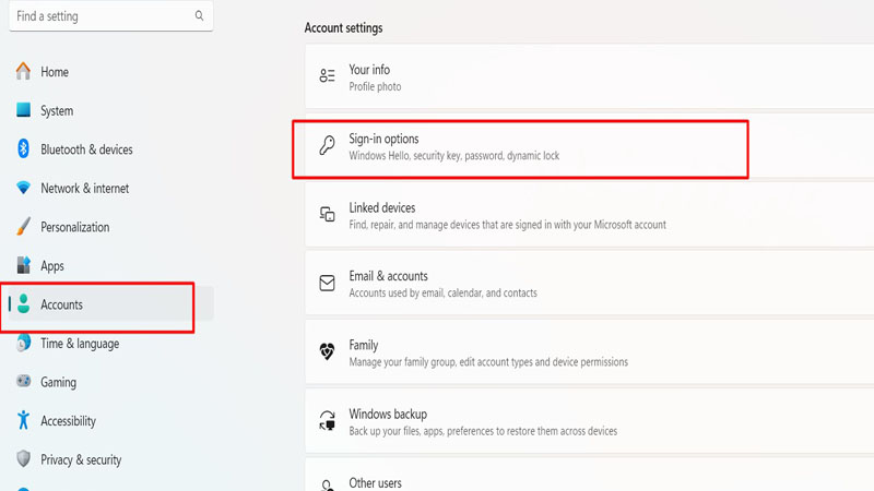 Vào phần Accounts chọn Sign-in options