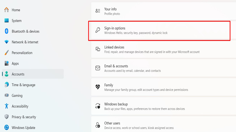 Vào Settings - Accounts – chọn Sign-in options