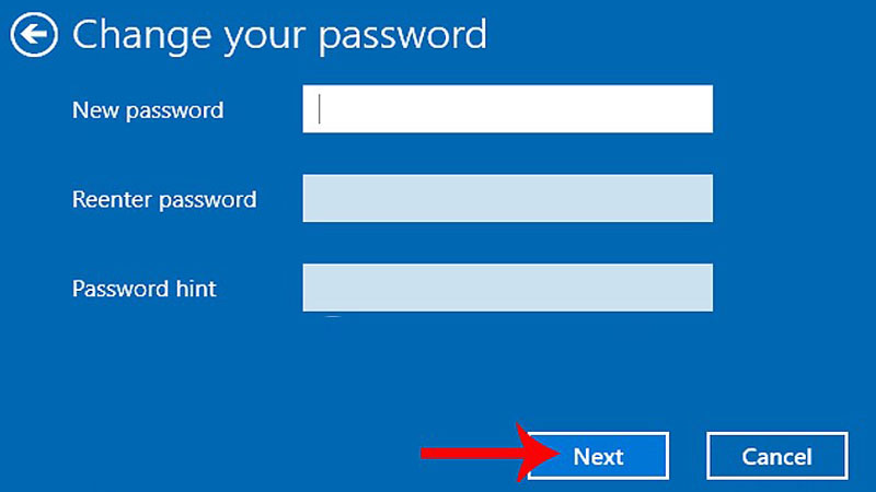 Nhập mật khẩu mới rồi gõ next