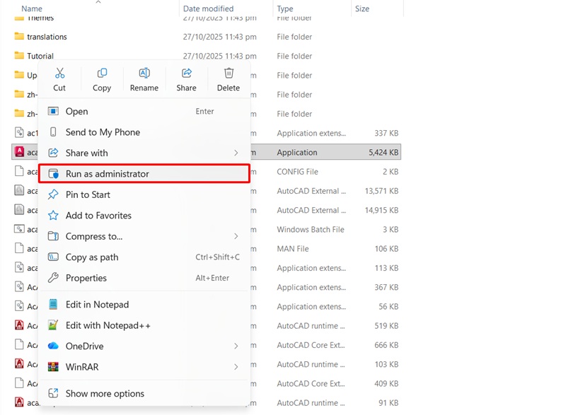 Chạy file Acad dưới quyền Admin Chạy file Acad dưới quyền Admin