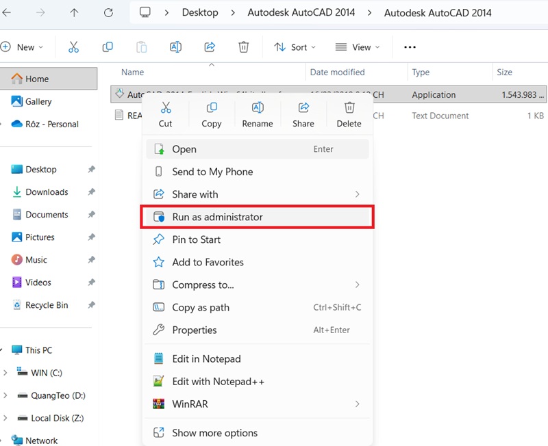 Chạy file cài AutoCAD 2014 dưới quyền Admin