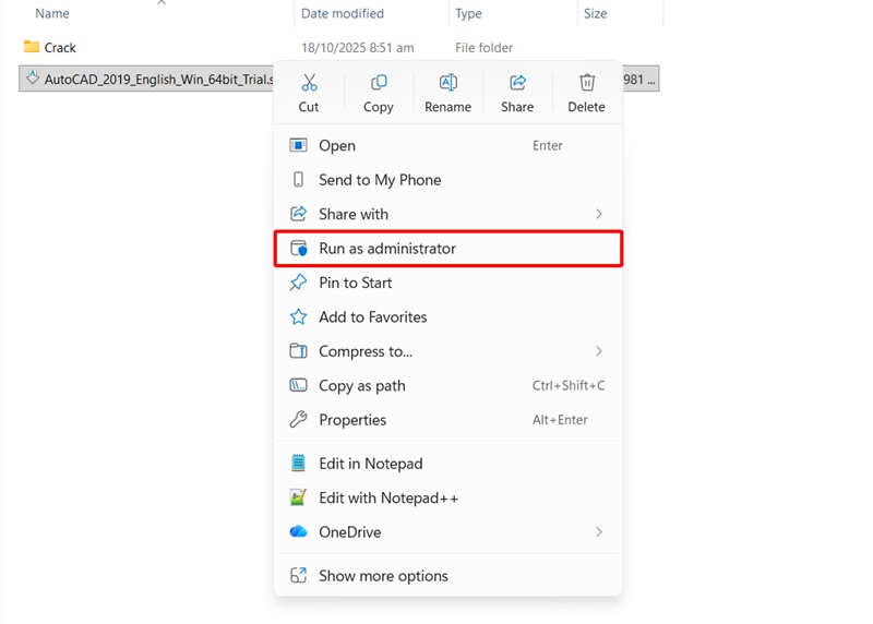Chạy file cài AutoCAD 2019 dưới quyền Admin