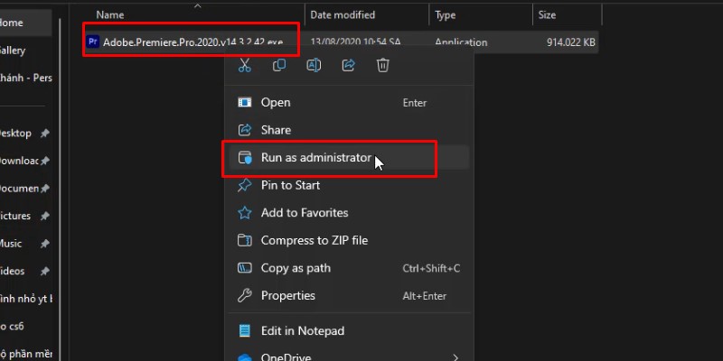 Chạy file Setup Adobe Premiere Pro CC 2020 dưới quyền Admin