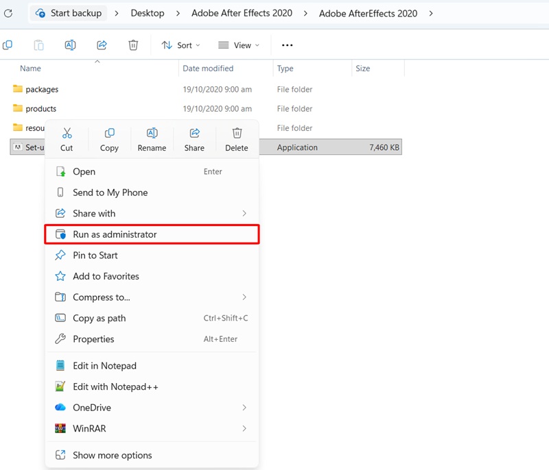 Chạy file Setup After Effects 2020 dưới quyền Admin Chạy file Setup After Effects 2020 dưới quyền Admin