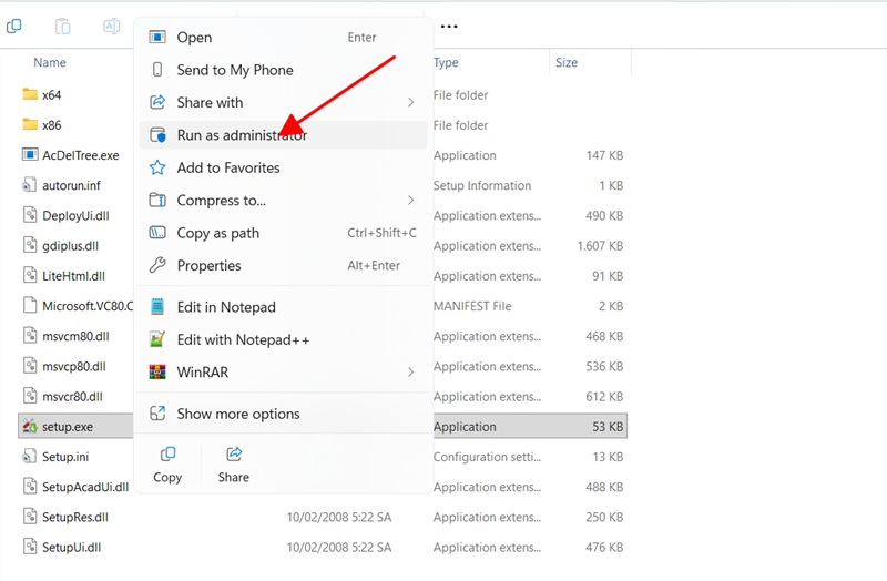 Chạy file Setup AutoCAD 2009 dưới quyền Admin