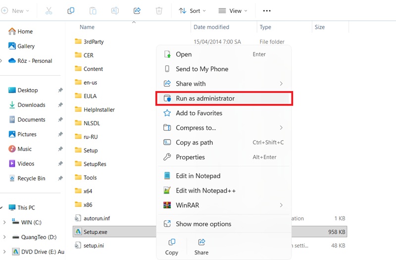 Chạy file setup Autocad 2015 dưới quyền Admin Chạy file setup Autocad 2015 dưới quyền Admin