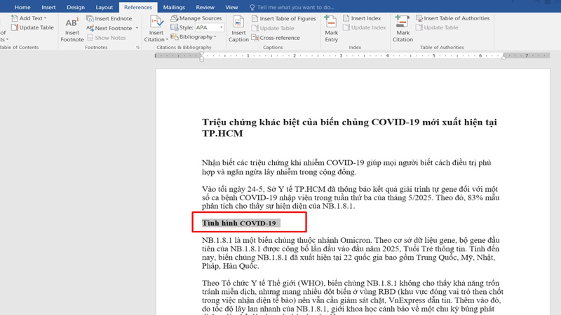 Di chuột tới đoạn văn bản cần làm tiêu đề và bôi đen Bôi đen đoạn văn bản cần làm tiêu đề