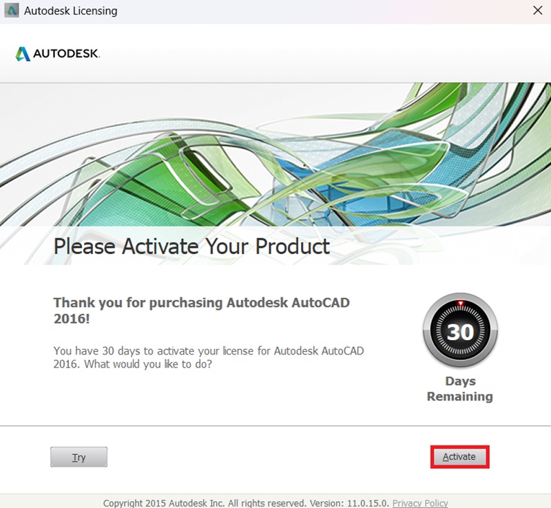 Chọn "Activate" bắt đầu kích hoạt AutoCAD 2016 Chọn "Activate" bắt đầu kích hoạt AutoCAD 2016