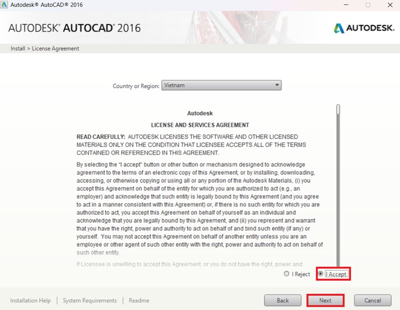Chọn I accept để đồng ý AutoCAD 2016 sau đó bấm Next Chọn I accept để đồng ý AutoCAD 2016 sau đó bấm Next