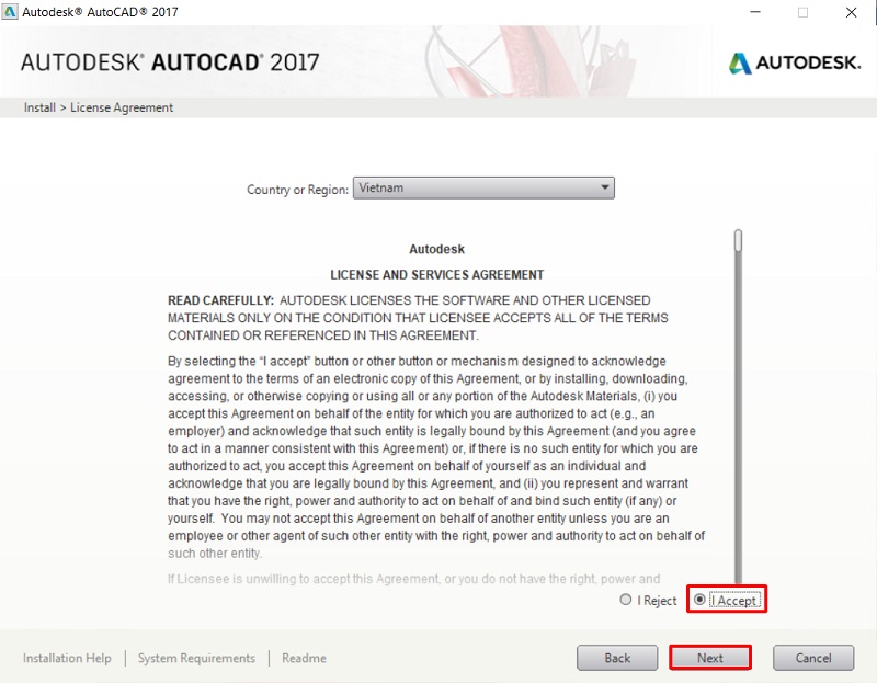 Chọn “I Accept” để đồng ý điều khoản AutoCAD 2017 và bấm Next