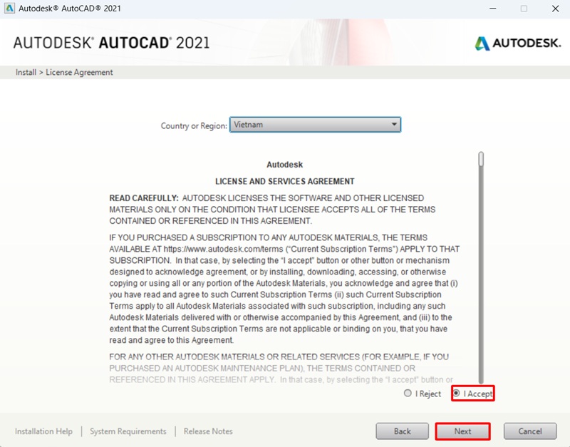 Chọn I Accept để đồng ý với các điều khoản AutoCAD 2021 rồi bấm Next