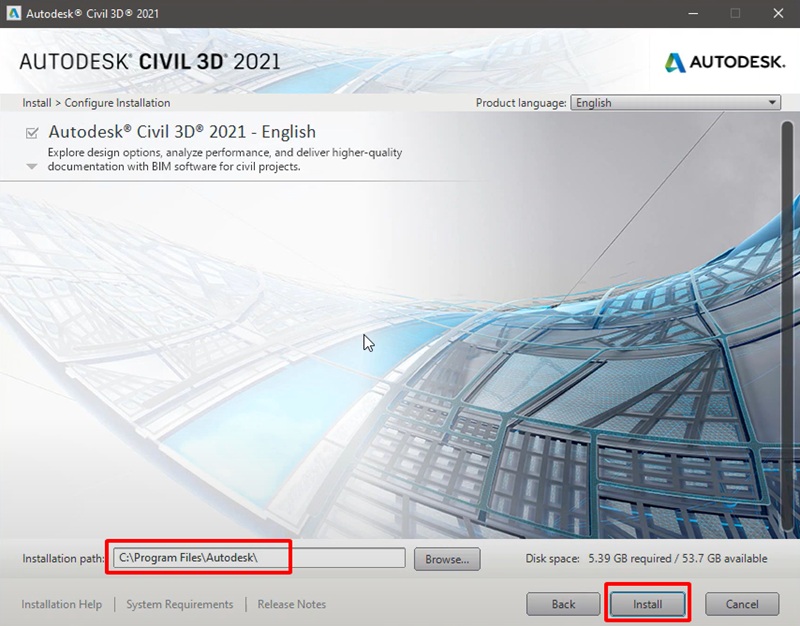 Chọn Install để cài đặt Autodesk Civil 3D 2021 Chọn Install để cài đặt Autodesk Civil 3D 2021