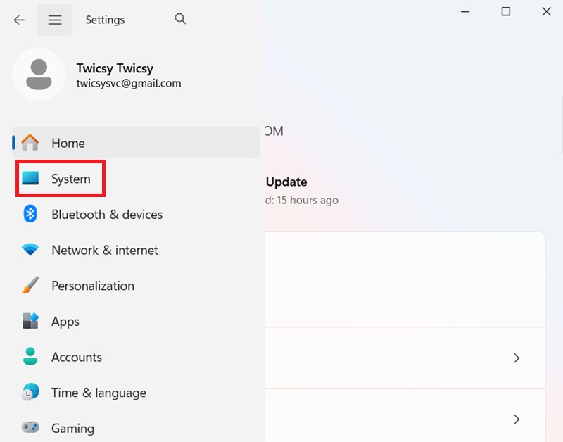 Chọn mục System ở thanh menu bên trái