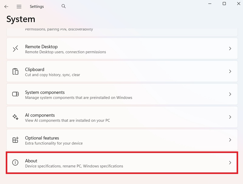 Chọn mục System sau đó nhấp vào About