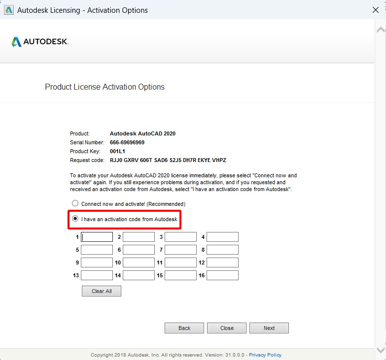 Chọn ô "I have an activation code from Autodesk" và để đó Chọn ô "I have an activation code from Autodesk" và để đó