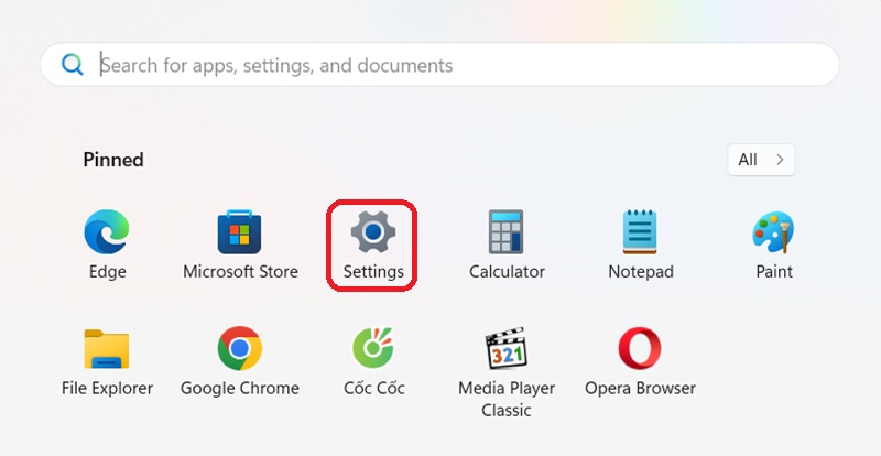 Chọn Settings trong danh sách ứng dụng
