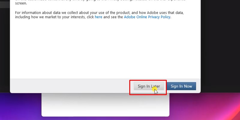 Chọn Sign In Later để hoàn tất cài đặt After Effects 2018 Chọn Sign In Later để hoàn tất cài đặt After Effects 2018