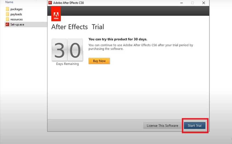 Chọn Start Trial để bắt đầu sử dụng phiên bản After Effects CS6 Chọn Start Trial để bắt đầu sử dụng phiên bản After Effects CS6