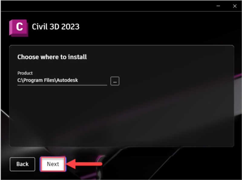 Chọn thư mục lưu trữ Civil 3D 2023 rồi nhấn Next Chọn thư mục lưu trữ Civil 3D 2023 rồi nhấn Next