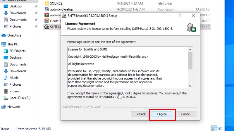Chọn vào mục I Agree đồng ý với các điều khoản SciTE4Autoit3 Chọn vào mục I Agree đồng ý với các điều khoản SciTE4Autoit3