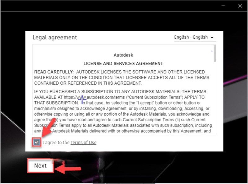 Chọn vào ô “I agree to the Terms Of Use” rồi nhấn Next Chọn vào ô “I agree to the Terms Of Use” rồi nhấn Next