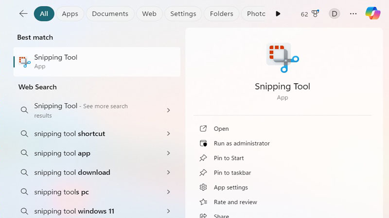 Nhấn tổ hợp phím Windows + S, gõ “Snipping Tool” Gõ “Snipping Tool”