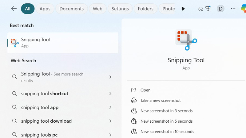 Tại thanh tìm kiếm gõ Snipping Tool rồi nhấp chuột vào Gõ Snipping Tool trên thanh tìm kiếm