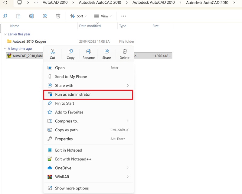 Click đúp file Autocad 2010 để cài đặt hoặc chạy dưới quyền Admin