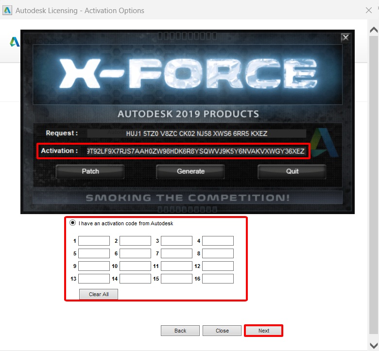 Copy ô Activation ở Crack vào ô I have an activation code from Autodesk ở bước 8 và bấm Next
