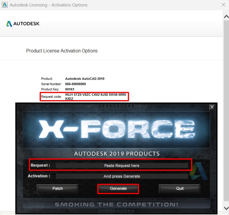 Copy ô Request Code ở AutoCAD 2019 vào ô Request của KeyGen