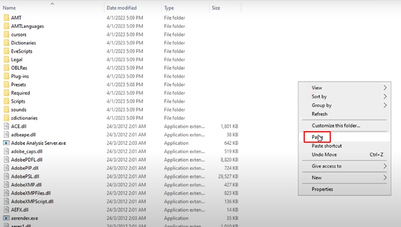 Dán file kích hoạt vào thư mục cài đặt Adobe Effects CS6 Dán file kích hoạt vào thư mục cài đặt Adobe Effects CS6